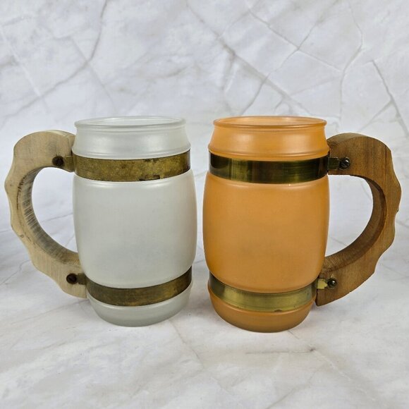 Vintage Siesta Ware Barrel Frosted Mugs Glasses Set of 4 Blue Orange Yellow - Picture 2 of 13